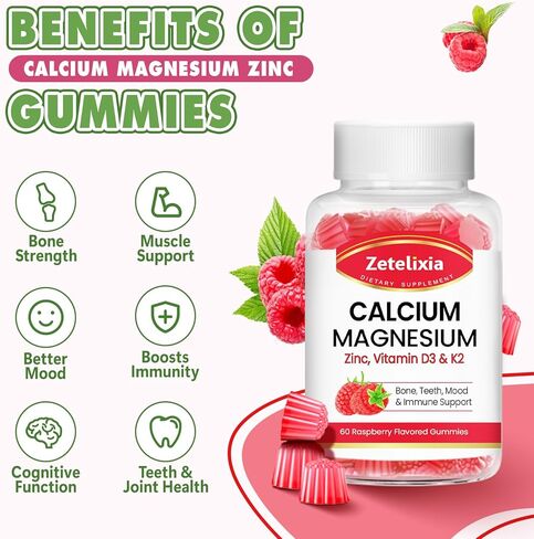 Calcium Gummies for Women Men, Calcium Magnesium Zinc with Vitamin D3 & K2, Calcium Magnesium Supplement for Bones Muscles and Joints, Pineapple & Mango Flavor - 120 Count in Kuwait