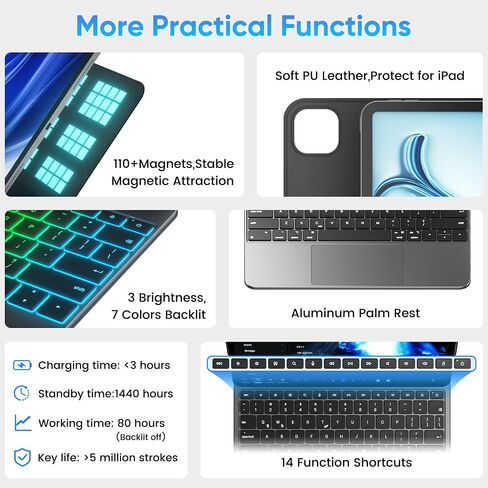 حافظة doqo iPad Pro 11 بوصة مع لوحة مفاتيح (M4، 2024) حافظة لوحة مفاتيح على الطراز السحري لجهاز iPad Pro 11 M4 2024 مع لوحة تتبع متعددة الزجاج رفيعة 7 ألوان بإضاءة خلفية مغناطيسية سوداء لجهاز iPad Pro 11 5th A2836، A2837 in Saudi Arabia