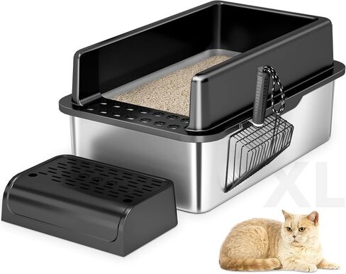 Stainless Steel Cat Litter Box with Lid, XL Extra Large Enclosure Litter Box,High Sided Metal Litter Box with Removable Lid& Scoop,Anti-Leakage,Non-Sticky, Easy Cleaning(Black) in Saudi Arabia