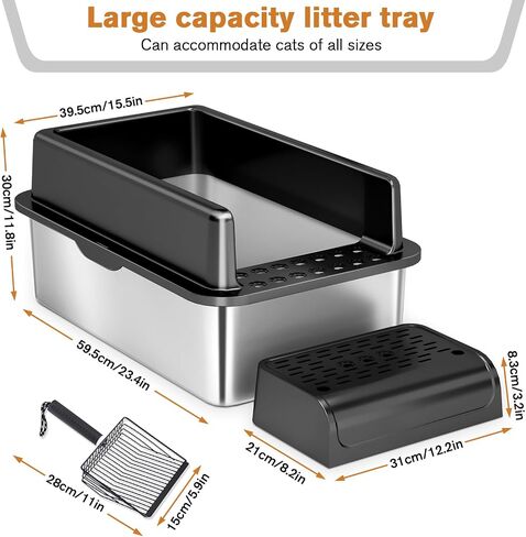 Stainless Steel Cat Litter Box with Lid, XL Extra Large Enclosure Litter Box,High Sided Metal Litter Box with Removable Lid& Scoop,Anti-Leakage,Non-Sticky, Easy Cleaning(Black) in Saudi Arabia