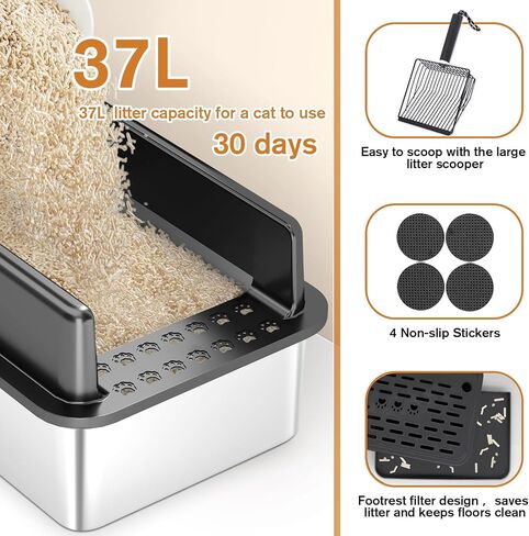 Stainless Steel Cat Litter Box with Lid, XL Extra Large Enclosure Litter Box,High Sided Metal Litter Box with Removable Lid& Scoop,Anti-Leakage,Non-Sticky, Easy Cleaning(Black) in Saudi Arabia