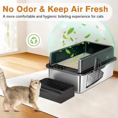 Stainless Steel Cat Litter Box with Lid, XL Extra Large Enclosure Litter Box,High Sided Metal Litter Box with Removable Lid& Scoop,Anti-Leakage,Non-Sticky, Easy Cleaning(Black) in Saudi Arabia