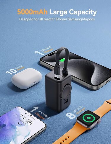 5000mAh Portable Charger for Apple Watch,18w Fast Charging Wireless iwatch Charger Power Bank with Built-in Cable,Magnetic 3 in 1 Portable Charger for iwatch 10-2/Ultra/Se,iPhone 16/15,Samsung,Black in Kuwait