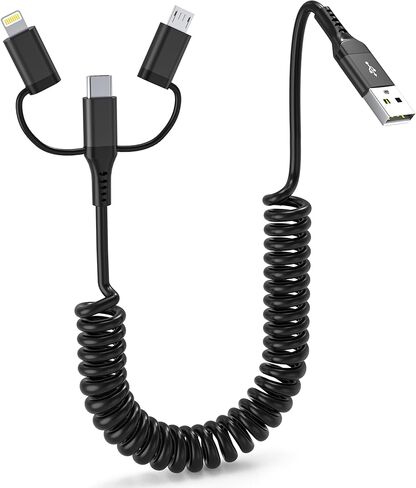 USB to USB-C and Lightning Cable, 2 in 1 Coiled iPhone Charger Cable Apple Carplay & Android Auto, [3A Fast Charge & Data Sync] Lightning and USB C Cable Cord Combo for iPhone 16/15/14/13/iPad/Android in Saudi Arabia