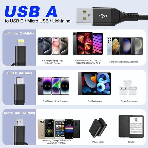 USB to USB-C and Lightning Cable, 2 in 1 Coiled iPhone Charger Cable Apple Carplay & Android Auto, [3A Fast Charge & Data Sync] Lightning and USB C Cable Cord Combo for iPhone 16/15/14/13/iPad/Android in Saudi Arabia