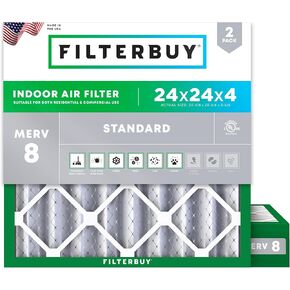 Filterbuy 24x24x4 Air Filter MERV 8 Dust Defense (2-Pack), Pleated HVAC AC Furnace Air Filters Replacement (Actual Size: 23.38 x 23.38 x 3.63 Inches)