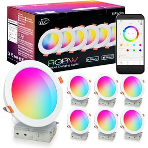 ILC 4 Inch LED Reccessed Downlights Work with Alexa, 12W Bluetooth APP Controlled, RGB Color Changing, 2700K Warm White, 100W Equivalent, Recessed Ceiling Lights (6 Packs)