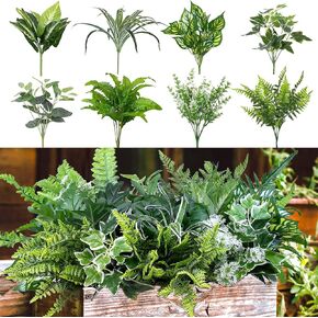 20Pcs Artificial Outdoor Plants Bulk UV Resistant Green Flower Shrubs Bushes Fake Boxwood Monkey Grass Rosemary Lavender Faux Tall Grass Greenery for Outside Planter Front Porch Yard Garden