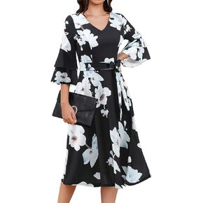 DRESSTELLS Womens Cocktail Dress 2024 Homecoming Fall Elegant Double 3/4 Sleeve Formal Tea Dresses for Wedding Guest/Church