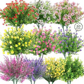 20 Bundles Artificial Fake Flowers for Outdoor UV Resistant No Fade Boxwood Faux Plastic Shrubs Plants for Garden Patio Porch Window Box Home Wedding Farmhouse Outside Hanging Décor