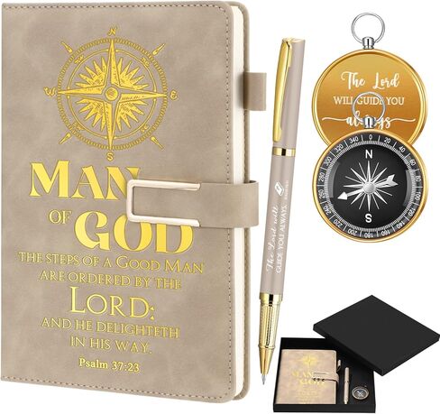 4 Pcs Baptism Gifts for Men Pastor Gifts Includes Man of God Pastor Leather Journal Notebook Christian Pen Religious Compass with Presentation Box Dad Priests Ministers Gifts in Kuwait