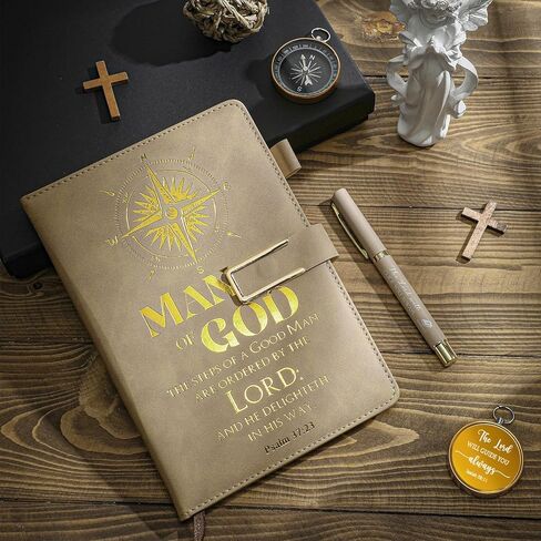 4 Pcs Baptism Gifts for Men Pastor Gifts Includes Man of God Pastor Leather Journal Notebook Christian Pen Religious Compass with Presentation Box Dad Priests Ministers Gifts in Kuwait