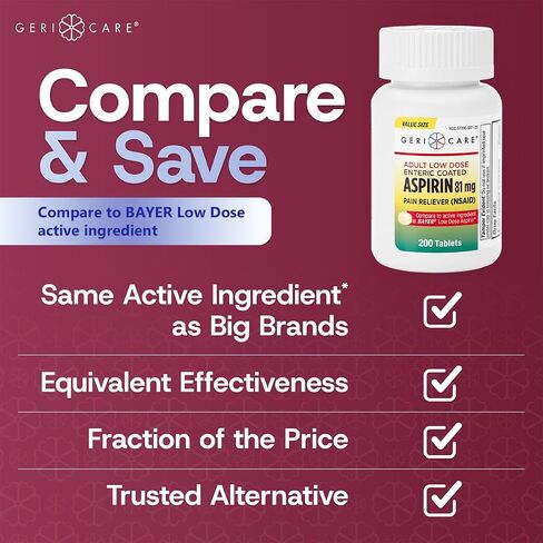 GeriCare Low Dose Enteric Coated Aspirin 81mg Pain Reliever, 100 Count (Pack of 1) in Saudi Arabia