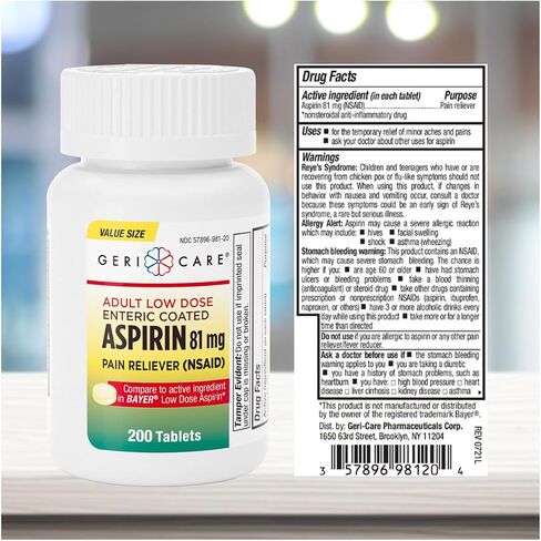GeriCare Low Dose Enteric Coated Aspirin 81mg Pain Reliever, 100 Count (Pack of 1) in Saudi Arabia