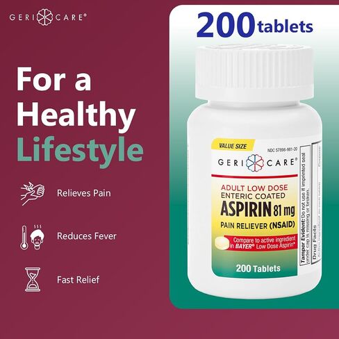 GeriCare Low Dose Enteric Coated Aspirin 81mg Pain Reliever, 100 Count (Pack of 1) in Saudi Arabia