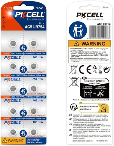 بطارية PKCELL LR754 بطارية خلية زر AG5 1.5 فولت 309 393 SR754W بطاريات قلوية معدنية (20 قطعة (عبوة من 1)) in Kuwait