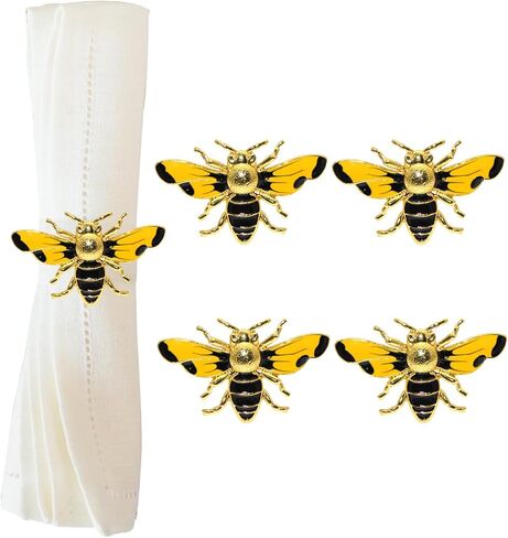 مجموعة حلقات مناديل النحل مكونة من 4 قطع، حوامل مناديل نحل العسل الصفراء، مشبك مناديل معدني ذهبي لتزيين الحفلات، طاولة الطعام، كل يوم، التجمعات العائلية (النحل اثنان) in Kuwait