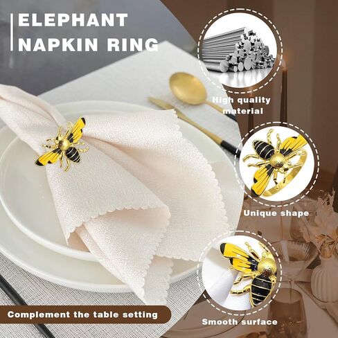 مجموعة حلقات مناديل النحل مكونة من 4 قطع، حوامل مناديل نحل العسل الصفراء، مشبك مناديل معدني ذهبي لتزيين الحفلات، طاولة الطعام، كل يوم، التجمعات العائلية (النحل اثنان) in Kuwait