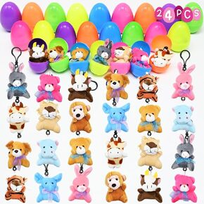 24Pcs Stuffed Animals Keychains, Plush Animals Toys Fillable Plastic Eggs for Kids Easter Egg Hunt Easter Basket Stuffers Goodie Bag Fillers School Classroom Gifts