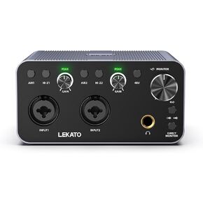 LEKATO 2i2 USB Audio Interface, 24-bit/192kHz Audio Interface with XLR, 48V Phantom Power for Smartphone Computer Recording, Streaming, Guitar, Music Production, Podcast