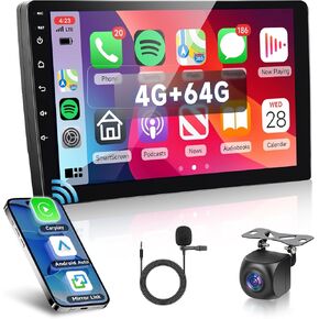 [4G+64G] Android Car Radio 10.1 inch Double Din, Hodozzy Touch Screen Car Stereo with GPS Bluetooth Wireless Carplay Android Auto, Double Din Car Radio WiFi FM/RDS Radio EQ/USB/SWC+AHD Camera