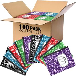 Fulmoon 100 Pcs Composition Notebooks Wide Ruled, Comp Book, 10.12"x 7.2", 30 Sheets Per Comp Book, Black Purple Blue Red Green, Marble Notebooks for School Home Office