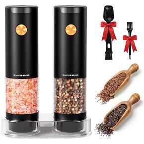 Electric Salt and Pepper Grinder Set, Rechargeable Design, Automatic Salt and Pepper Grinder Set with Wooden Tray, 5 level Adjustable Coarseness with Warm LED Light, Stainless Steel Grinders