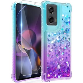 for Moto G Stylus 5G 2024 Case: Clear Glitter Flowing Liquid Quicksand Cover Shockproof Corner Phone Case for Motorola G Stylus 5G 2024 with Screen Protector - Teal/Purple