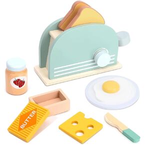 Wooden Kitchen Toy Set for Kids - Pop-Up Toaster, Bread Maker, Early Learning Play Kitchen for Toddlers Boys and Girls (8 Pcs)