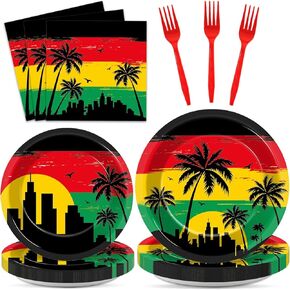 gisgfim 96Pcs Jamaican Music Birthday Party Plates and Napkin Jamaican Rastafari Party Supplies Palm Tree Grafitti Tableware Dinnerware Set Jamaica Paper Dinner Dessert Plate Party Decoration Serve 24
