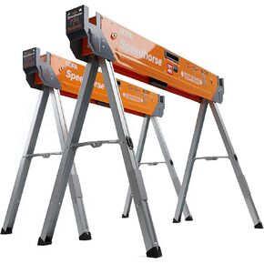 Bora Portamate Speedhorse Sawhorse Pair– Two Pack, Table Stand with Folding Legs, Metal Top for 2x4, Heavy Duty Pro Bench Saw Horse for Woodworking, Carpenters, Contractors, PM-4500T,Orange