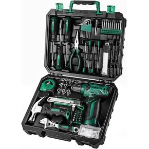 DEKOPRO Drill Set: 8V Green Cordless Drill, Home Tool Kit with 126 Piece Hand Tool Kits for Women