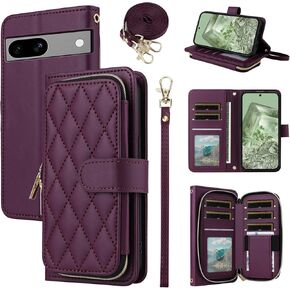 Wallet Case for Google Pixel 7A 5G 2023 with Detachable Wrist Strap, Crossbody Shoulder Strap, 9+ Card Slots Zipper Purse, Luxury PU Leather Stand Cell Phone Cover for Pixel7A A7 Women Black