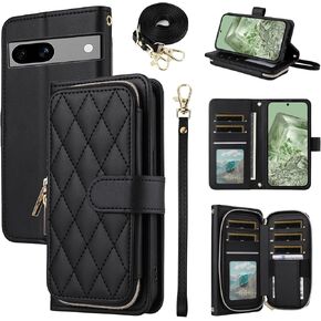 Wallet Case for Google Pixel 7A 5G 2023 with Detachable Wrist Strap, Crossbody Shoulder Strap, 9+ Card Slots Zipper Purse, Luxury PU Leather Stand Cell Phone Cover for Pixel7A A7 Women Black