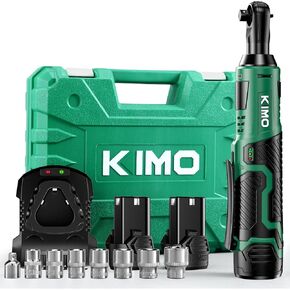 KIMO 20V Cordless Ratchet Wrench 3/8 Set, 89Ft-lbs 400RPM Electric Ratchet Wrench with Variable Speed, 2x2.0Ah Battery, Fast Charger, Electric Wrench w/ 7Socket, 3/8" to 1/4" Adapter, 3" Extension Bar