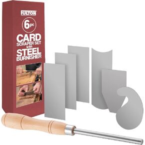 Fulton Cabinet Scraper Burnisher with 6 Piece Multi-Shaped Card Scraper Woodworking Set, 3 Rectangle 1 Beveled 1 Curved (Convex and Concave) and 1 Gooseneck Wood Scraper for Woodworking