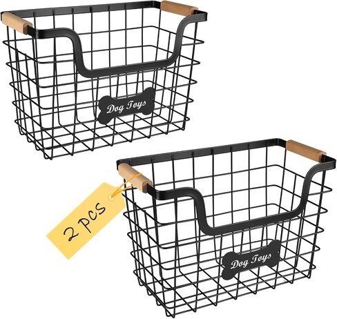 Large Dog Toy Basket,Set of 2 Iron Wire Dog Toy Bin,Metal basket for Pet,Puppy Toy Bin Organizer with Wooden Handle,Sturdy Dog Basket for Dog Leash,Blanket,Toys,Snacks,Accessories in Kuwait
