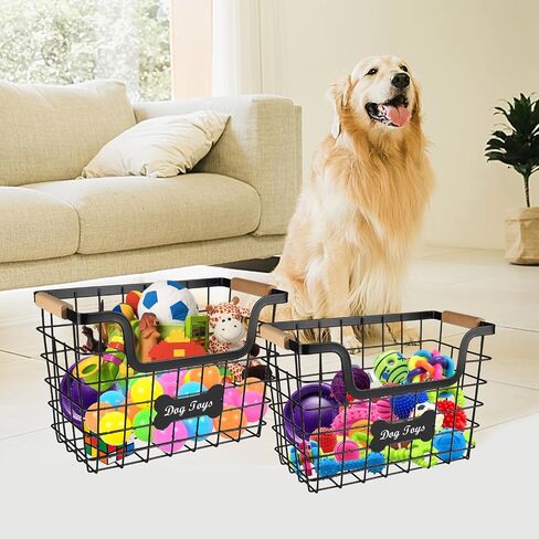 Large Dog Toy Basket,Set of 2 Iron Wire Dog Toy Bin,Metal basket for Pet,Puppy Toy Bin Organizer with Wooden Handle,Sturdy Dog Basket for Dog Leash,Blanket,Toys,Snacks,Accessories in Kuwait