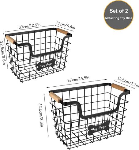 Large Dog Toy Basket,Set of 2 Iron Wire Dog Toy Bin,Metal basket for Pet,Puppy Toy Bin Organizer with Wooden Handle,Sturdy Dog Basket for Dog Leash,Blanket,Toys,Snacks,Accessories in Kuwait