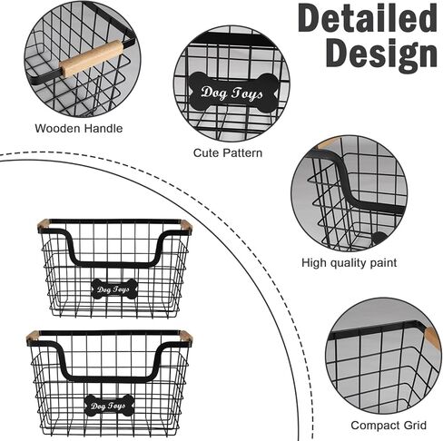 Large Dog Toy Basket,Set of 2 Iron Wire Dog Toy Bin,Metal basket for Pet,Puppy Toy Bin Organizer with Wooden Handle,Sturdy Dog Basket for Dog Leash,Blanket,Toys,Snacks,Accessories in Kuwait