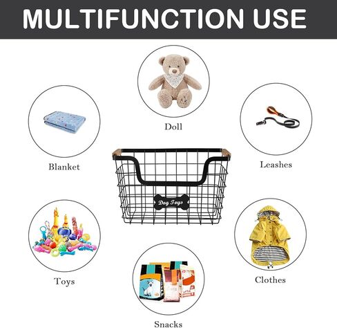 Large Dog Toy Basket,Set of 2 Iron Wire Dog Toy Bin,Metal basket for Pet,Puppy Toy Bin Organizer with Wooden Handle,Sturdy Dog Basket for Dog Leash,Blanket,Toys,Snacks,Accessories in Kuwait