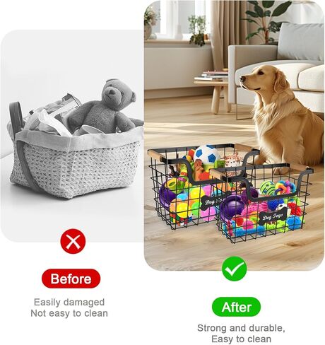Large Dog Toy Basket,Set of 2 Iron Wire Dog Toy Bin,Metal basket for Pet,Puppy Toy Bin Organizer with Wooden Handle,Sturdy Dog Basket for Dog Leash,Blanket,Toys,Snacks,Accessories in Kuwait