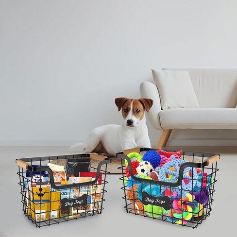 Large Dog Toy Basket,Set of 2 Iron Wire Dog Toy Bin,Metal basket for Pet,Puppy Toy Bin Organizer with Wooden Handle,Sturdy Dog Basket for Dog Leash,Blanket,Toys,Snacks,Accessories in Kuwait