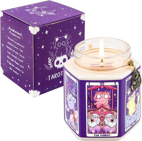 Tarot Cat Protection Crystal Candle, Handcrafted, Amethyst & Dry Flowers, Amber & Sandalwood Scent, for Birthdays, Witchcraft, Relaxation in Saudi Arabia