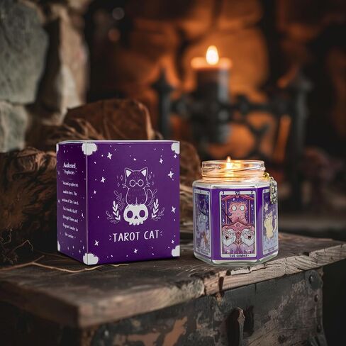 Tarot Cat Protection Crystal Candle, Handcrafted, Amethyst & Dry Flowers, Amber & Sandalwood Scent, for Birthdays, Witchcraft, Relaxation in Saudi Arabia