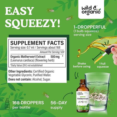 Wild & Organic Motherwort Tincture - Mood Support Supplement w/Motherwort - Alcohol-Free Motherwort Extract Drops - Herbal Formula w/Motherwort Herb - Vegan Women Supplements - 2 fl oz in Kuwait