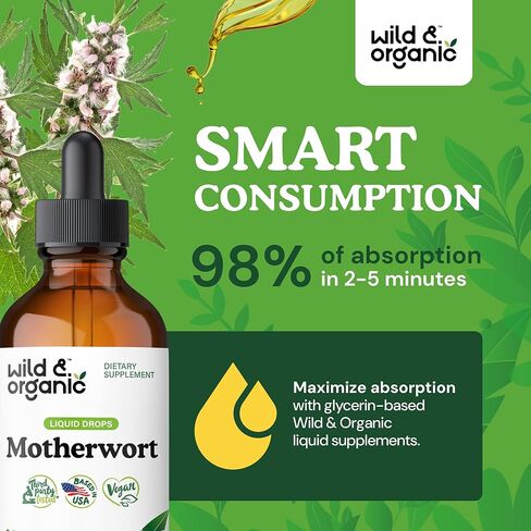 Wild & Organic Motherwort Tincture - Mood Support Supplement w/Motherwort - Alcohol-Free Motherwort Extract Drops - Herbal Formula w/Motherwort Herb - Vegan Women Supplements - 2 fl oz in Kuwait