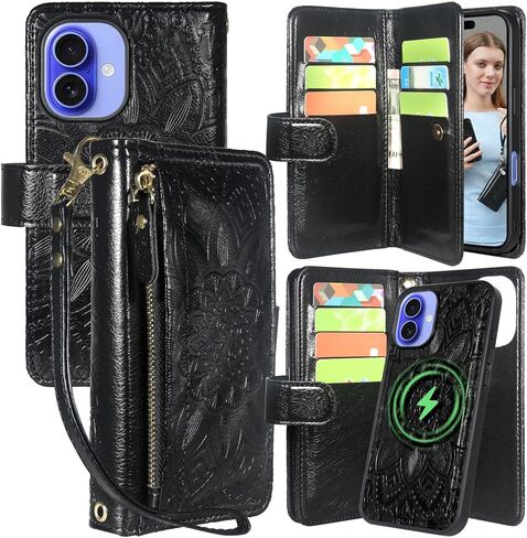 Harryshell for iPhone 16 Plus 6.7 inch Detachable Magnetic Case Wallet,Compatible with Magsafe Wireless Charging, [Theft-Scan Blocking] Card Slots, Cash Zipper Pocket Wrist Strap (Floral Purple) in Kuwait