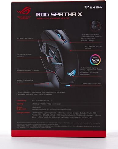 Asus Rog Spatha X Wireless Gaming Mouse (حامل الشحن المغناطيسي ، 12 زرًا قابلًا للبرمجة ، 19000 نقطة في البوصة ، مآخذ مفتاح التبديل الساخن للضغط ، مفاتيح ROG Micro و Paracord و Aura RGB Lighting) ، Black in Kuwait