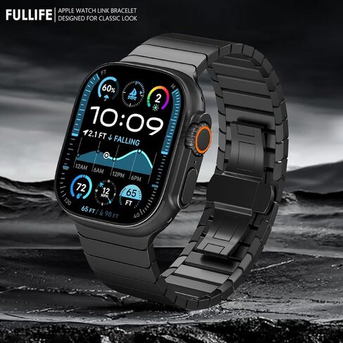 FULLIFE Titanium Band for Apple Watch Band, Lightweight Titanium Metal Strap for Apple Watch Ultra 2/Ultra 49mm, Series 10 46mm, 9/8/7 45mm, SE2/6/5/4 44mm, 3/2/1 42mm, Black with Magnetic Clasp in Kuwait